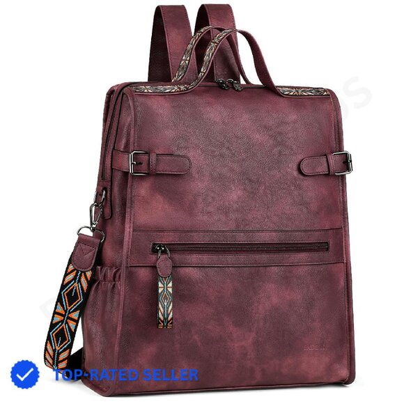Vegan Leather Laptop Backpack Retro Designer Work Travel Daypack 11 Pockets